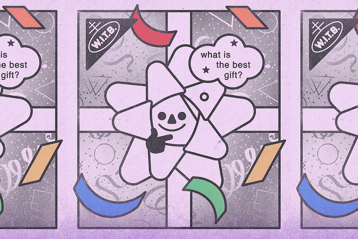 A bouncy toy has a thought bubble that reads "What is the best gift?"